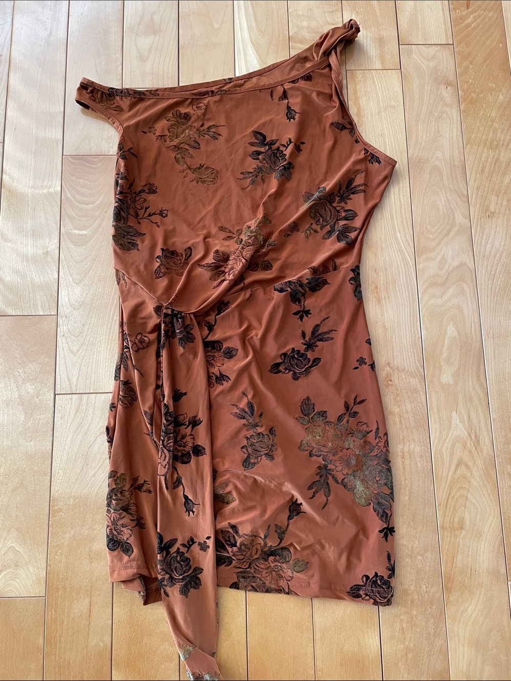M.  Floral One-Shoulder Rust Dress with Side Tie
